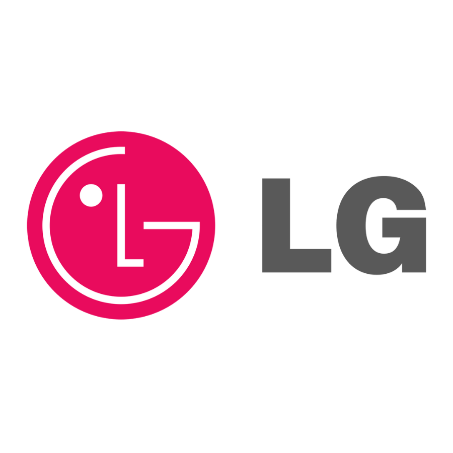 LG logo with a pink smiley face containing the letters L and G, next to the text 'LG' in black and gray.