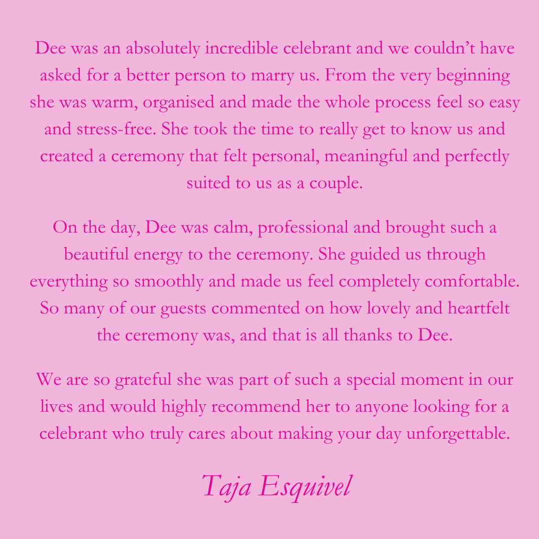 Testimonial text on a pink background praising a person named Dee for their exceptional service and enthusiasm in organizing a ceremony, including coordinating with photography and event teams. The testimonial is signed by Judith L.