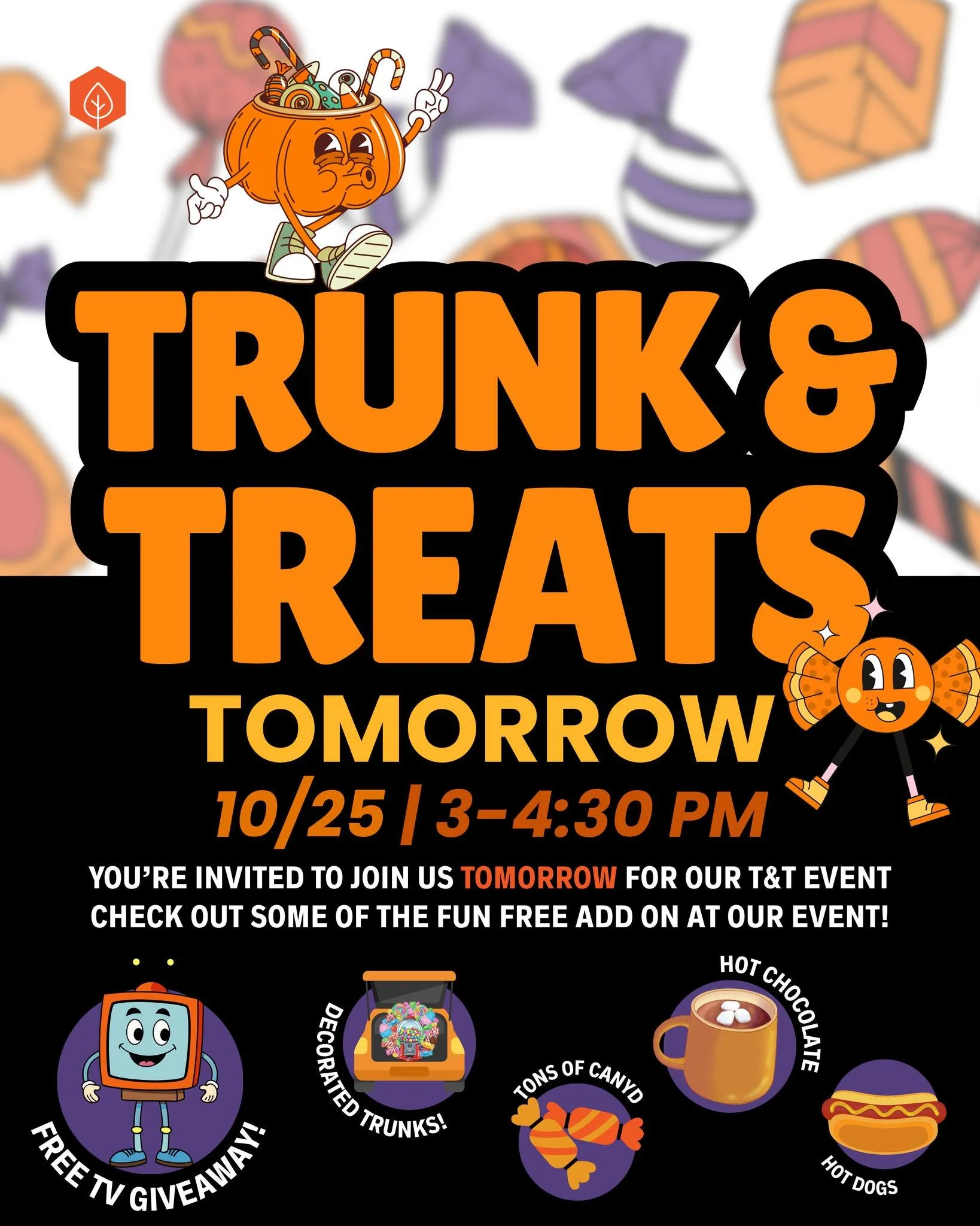 !!! TOMORROW !!! TOMORROW !!! TOMORROW !!!!
The fun starts at 3pm for our  T&amp;T event! We can't wait to see you all in your costumes! Join us for Free Hot Cocoa, Hot Dogs, and tons of CANDY 🍬 

 🗓 Saturday 10/25 
⏰  3-4:30pm 
📍  Legacy Church |