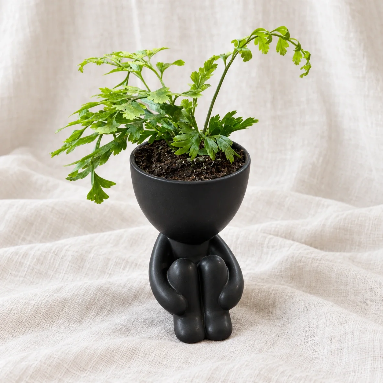 Black figure fern planter on linen-3.webp
