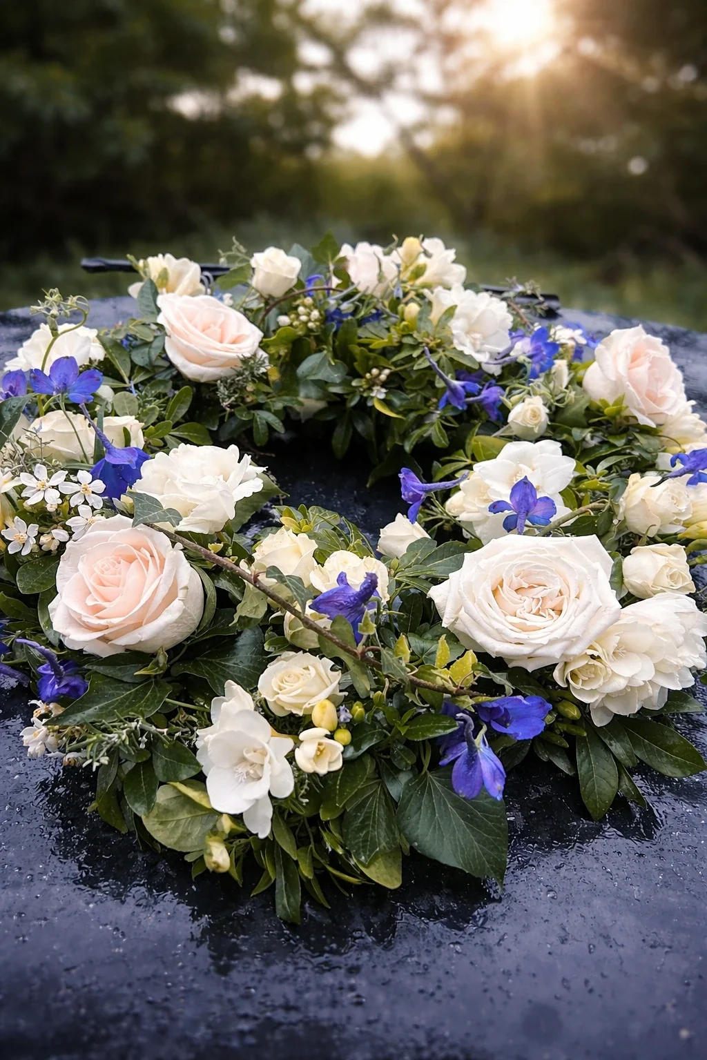 A floral wreath with white roses, blue flowers, and greenery, made fresh with same-day delivery in Havelock North, Hastings and Napier