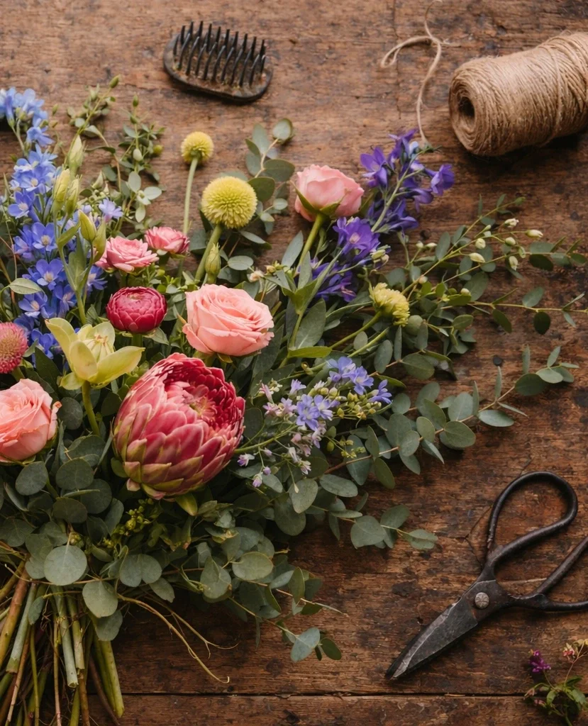 A collection of colorful flowers, including pink roses, peonies, and purple blooms, Florist Choice bouquet