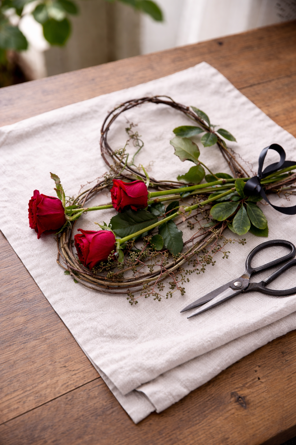 Three red roses with green leaves and stems arranged on a heart-shaped vine wreath, tied with a black ribbon, on a white fabric over a wooden table with scissors nearby.