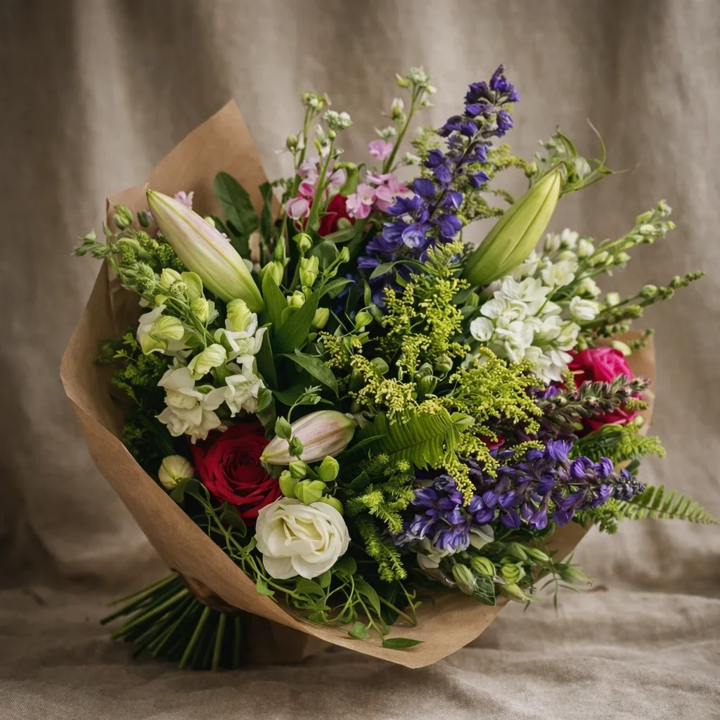 A colorful flower bouquet with pink, purple, yellow, and white flowers, accented with green leaves and red berries. Delivery available Hastings, Havelock North & Napier.
