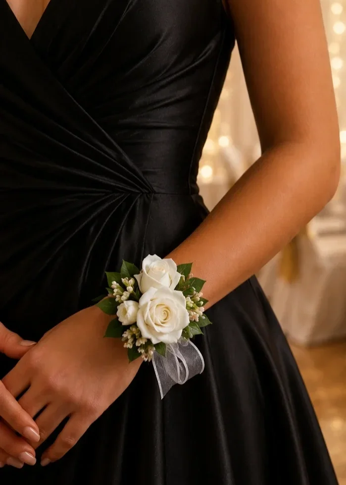 A woman wearing a black dress with a white floral wrist corsage on her left wrist, featuring white roses, greenery, and a gray ribbon, School Ball Corsages Havelock North, Hawkes Bay
