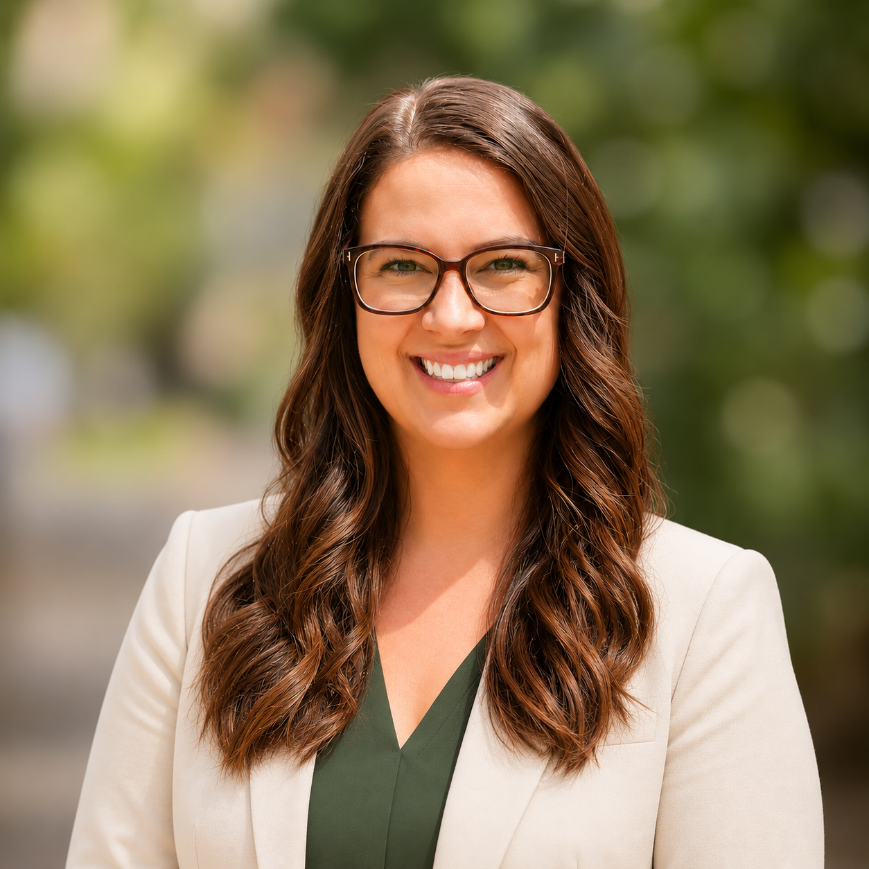 Woman with long wavy brown hair, wearing glasses, a beige blazer, and a green top, smiling outdoors with a blurred green background.
