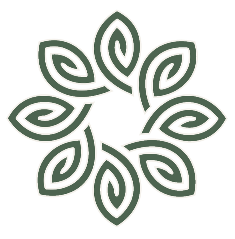 Stylized leaf design with multiple green leaves arranged in a circular pattern around a yellow center.