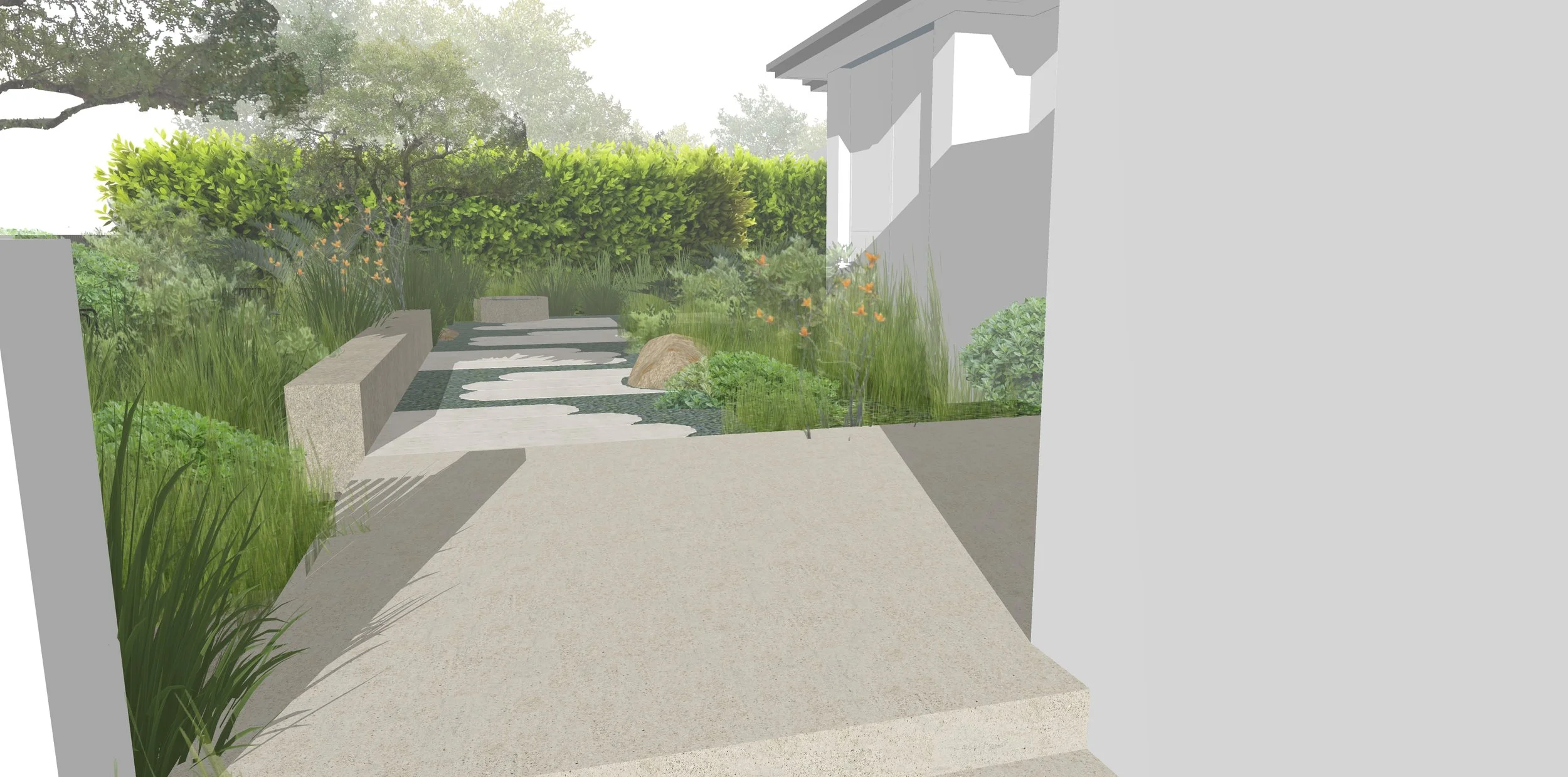 A landscaped backyard with a pathway made of large stones, surrounded by greenery, bushes, and trees.