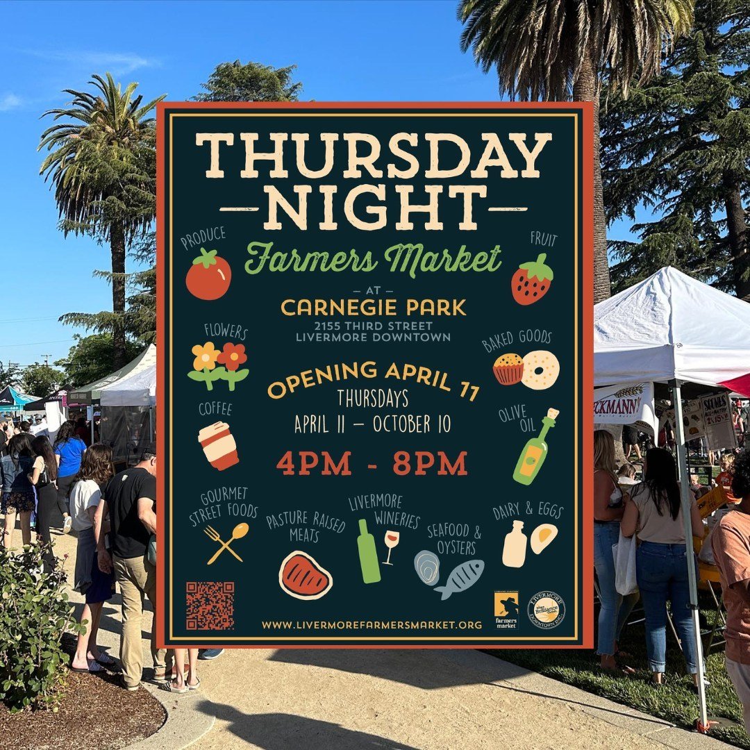 TVC will be at the @livermoredowntownfarmersmarket today, April 18th, at Carnegie Park! 🌿🍅⁠
⁠
Hosted by Livermore Downtown Inc., this event brings together a fantastic lineup of local growers, food makers, and craftspeople from 4pm and 8pm every Th