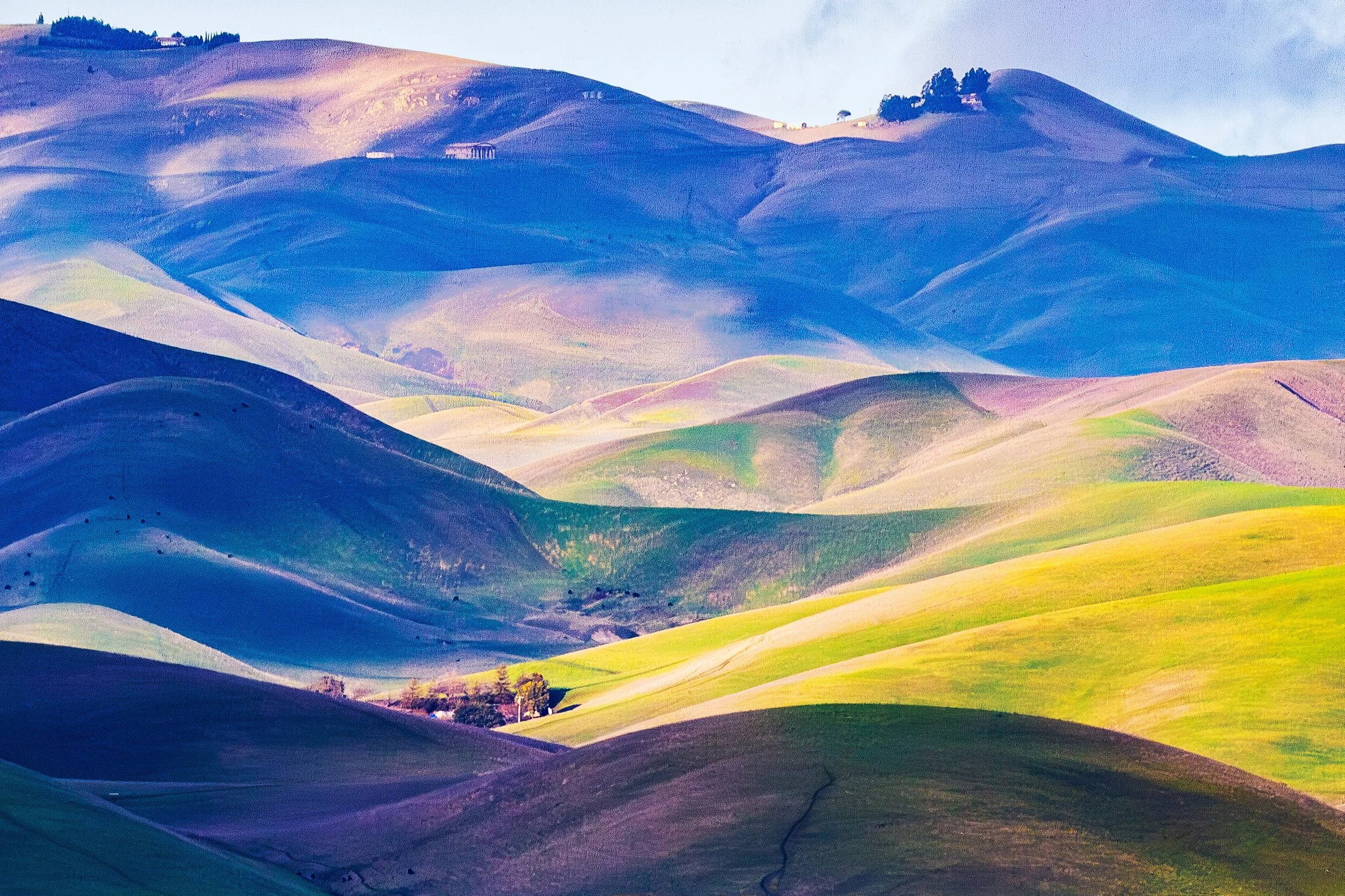 Dublin Hills by Shinnan Kiang. 

Painted Dublin Hills in winter: By using a telephoto lens from over 5 miles away, the scene's perspective is beautifully compressed, turning the grazing cattle into subtle artistic strokes across the terrain.
