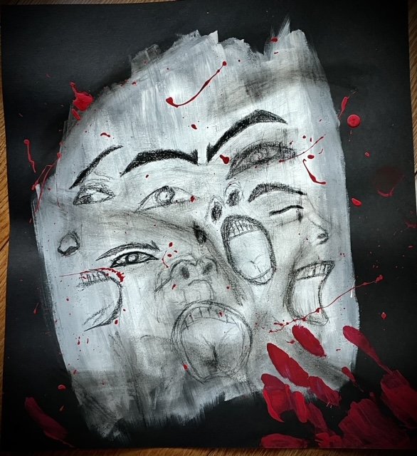 Acrylic paint, colored pencil