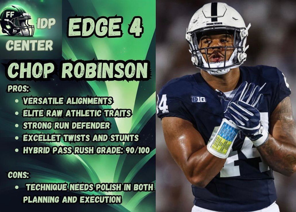 This week we unveil our top 5 edge rushers of this rookie class! Chop Robinson comes in at #4, and leads the Tier 2 of EDGE. Pre-combine, pre-draft, do you agree? Disagree? 

Join our discord via link in bio for more IDP discussion!

#idp #fantasyfoo
