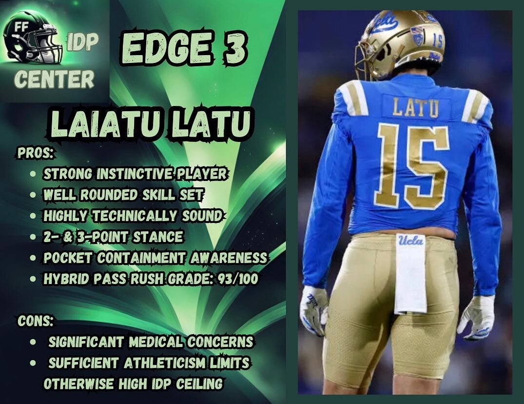 This week we will be revealing our top 5 Edge rushers in this draft for IDP fantasy purposes! Pre-draft, pre-combine, Latu is the last of the top 3 edge rushers that make up Tier 1, followed by 5 more consisting of tier 2. Do you agree or disagree?

