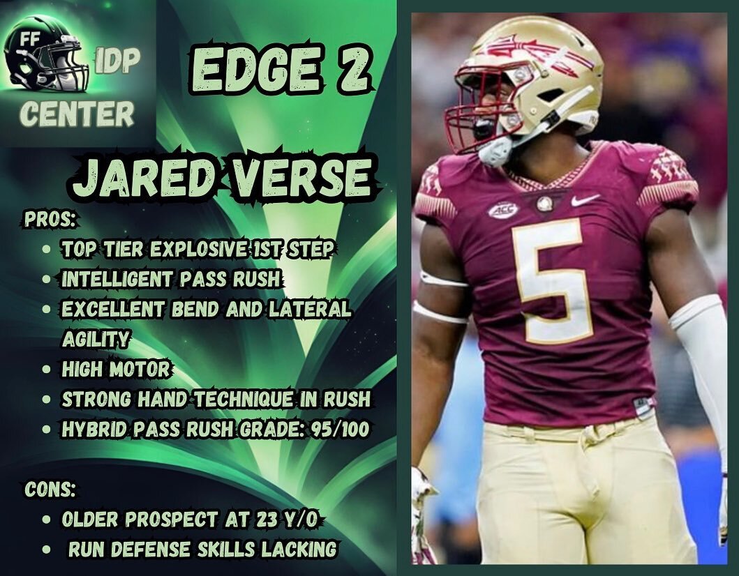 Our EDGE #2 pre-draft, pre-combine is Jared Verse! He&rsquo;s the second of 3 edge rushers that comprise our tier 1! Join our discord via link in our bio to participate in our IDP community of almost 300 members as we count down our top 5 early edge 