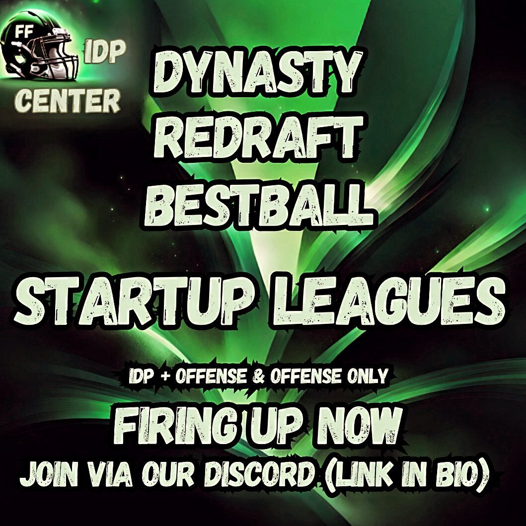 We have startup leagues of various combinations: 12-32 team Dynasty/redraft/Bestball, free and paid (leaguesafe), using IDP and/or Offense only. SF, PPR, and IDP using a variation of Big3 scoring if applicable

Join via the discord link in our bio, a