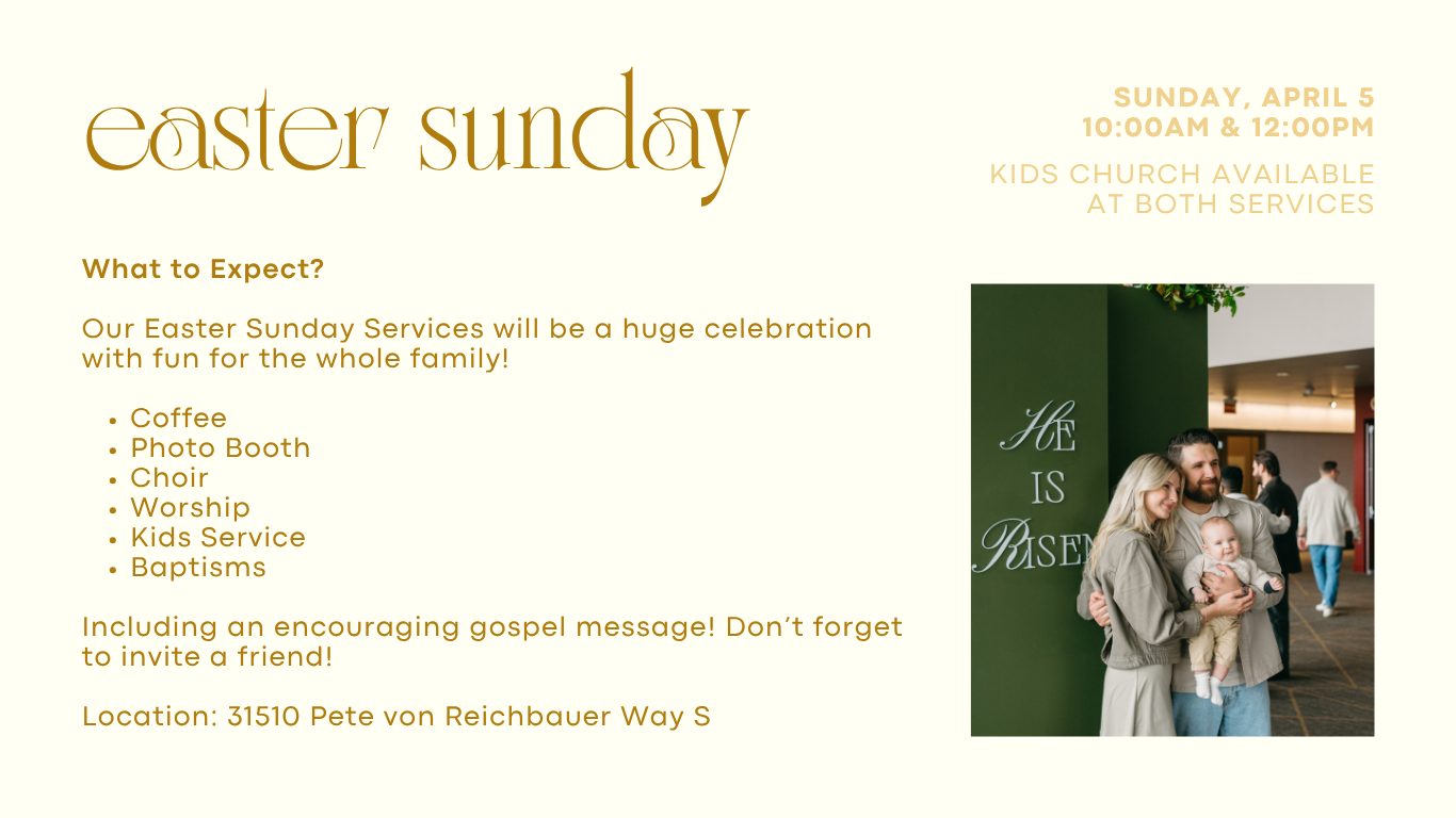 Family photo at Easter event showing a family with a baby at church, with a green wall that has 'HE IS RISEN' written on it.