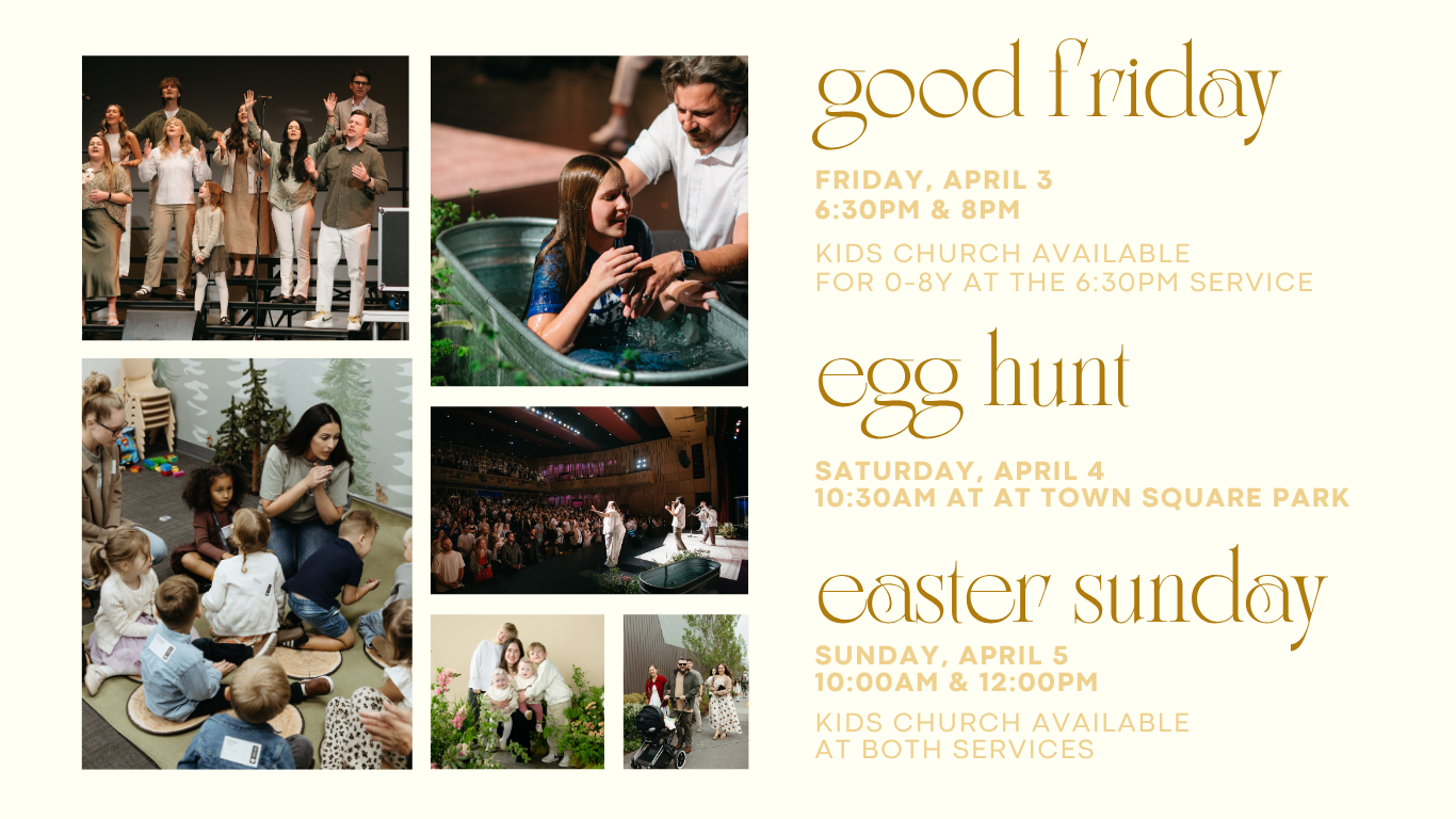 Collage of four photos on a church event flyer for Easter weekend activities. Top left: choir performing on stage. Top right: girl baptized by a man in water. Bottom left: children and a woman in a classroom during an activity. Bottom right: people singing on stage and a family outdoors with children.