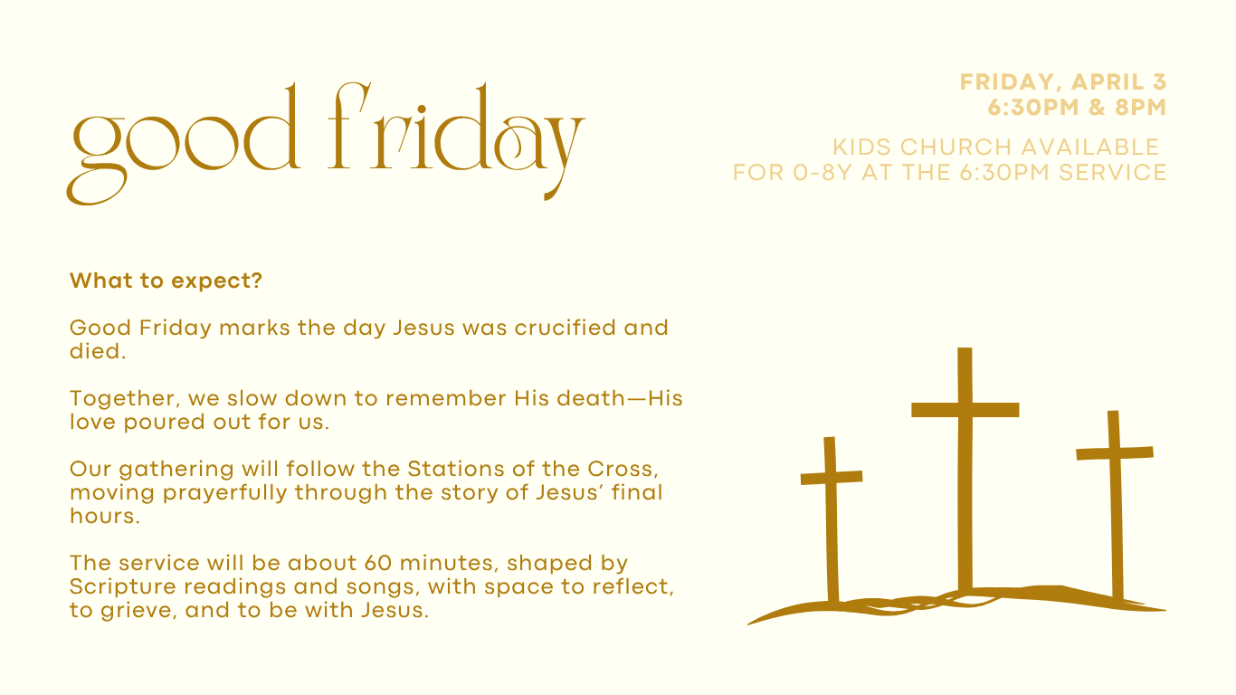 A festive invitation for a Good Friday service with three crosses on a hill, set on a cream background with gold and brown text.