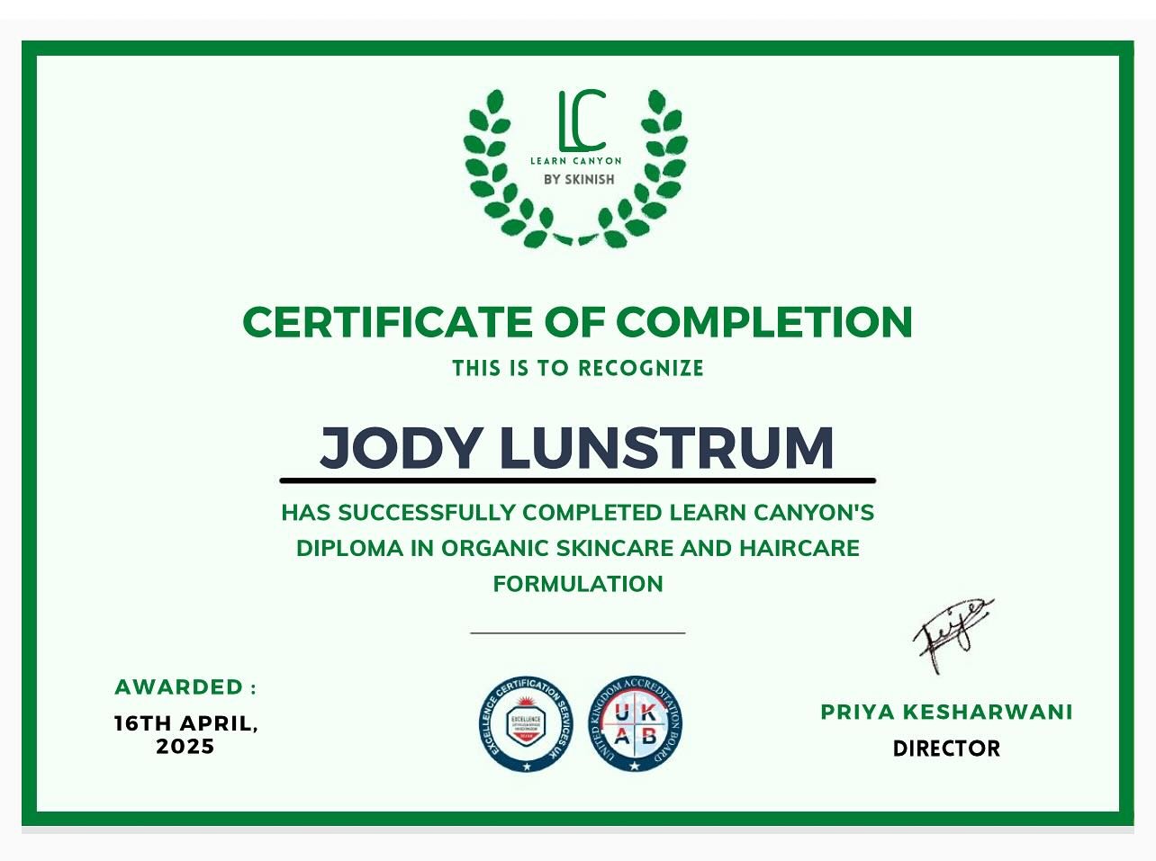 I took &ldquo;Organic skin care and hair care formulation&rdquo; courses online and got my diploma! Can&rsquo;t wait to offer more organic skin and hair products!