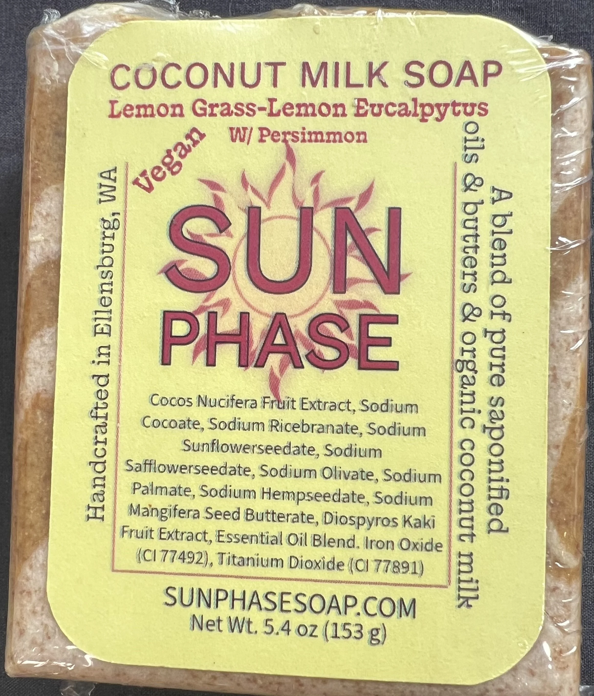 Vegan lemongrass and lemon eucalyptus soap with a bright citrus scent and persimmon to help reduce Nonenal odor. Made with natural oils for a fresh, clean wash.