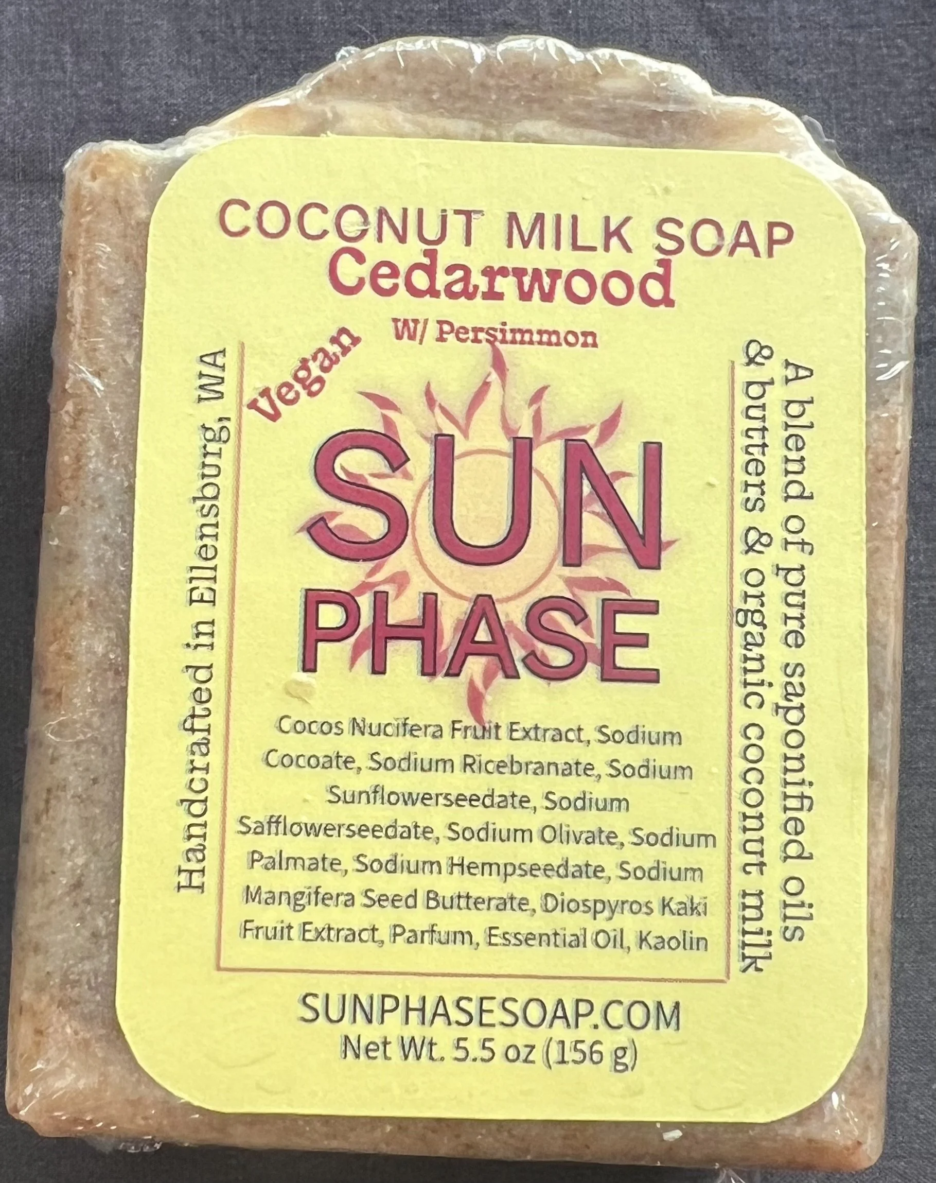 Vegan cedarwood scented coconut milk soap with a warm, earthy scent and persimmon to help reduce Nonenal odor. Made with natural oils and kaolin clay