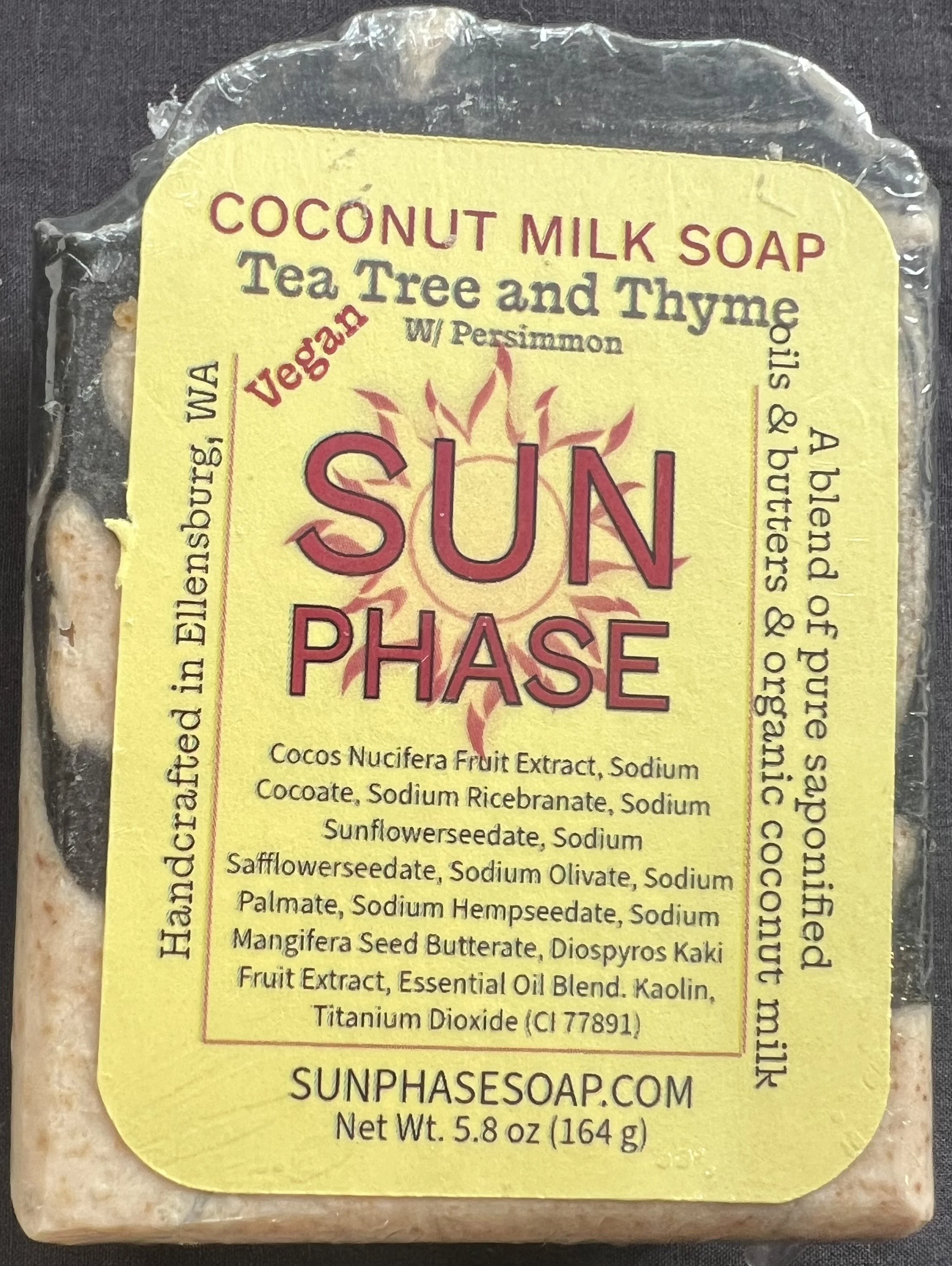 Vegan Tea Tree & Thyme soap with charcoal for deep cleansing and persimmon to help reduce Nonenal odor. Fresh, herbal scent and plant‑based ingredients for clean skin.