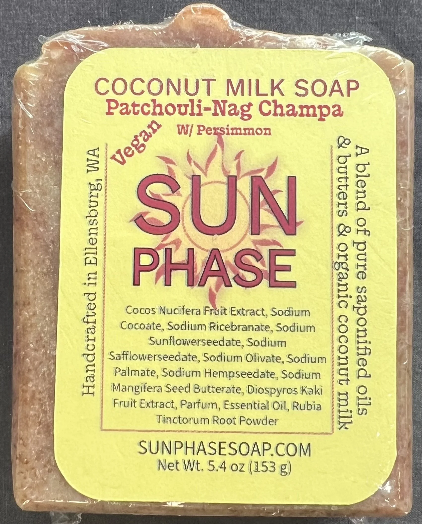 Vegan soap with a warm patchouli and Nag Champa scent, naturally colored and enriched with persimmon to help reduce Nonenal odor for fresh, clean skin.