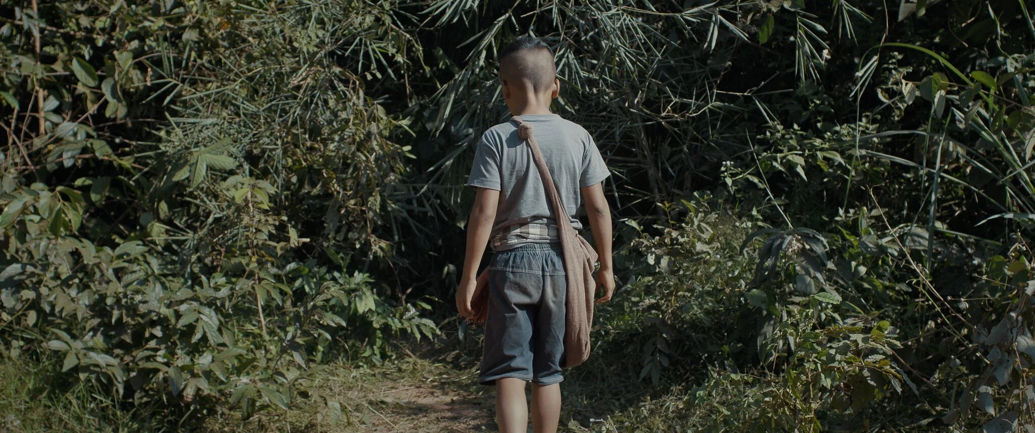 A young boy walking through a dense, green jungle or forest path with his back facing the camera, wearing a gray t-shirt and shorts, carrying a brown shoulder bag.
