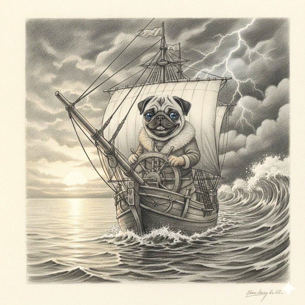 A whimsical illustration of a pug dog with big blue eyes dressed as a pirate, steering a ship through rough waters with lightning in the stormy sky.