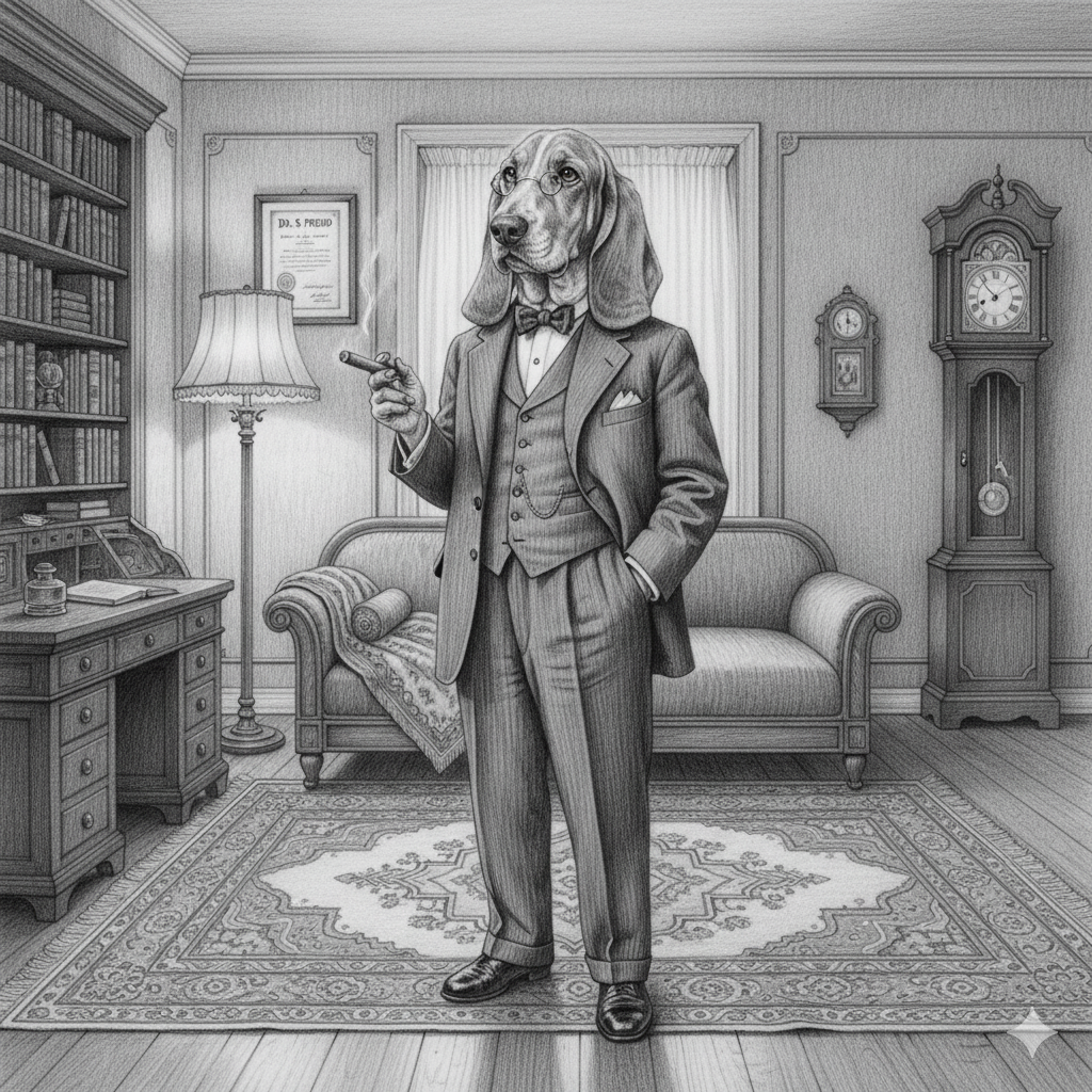 A dog with glasses, dressed in a suit and bow tie, stands in an elegantly furnished living room holding a cigar.