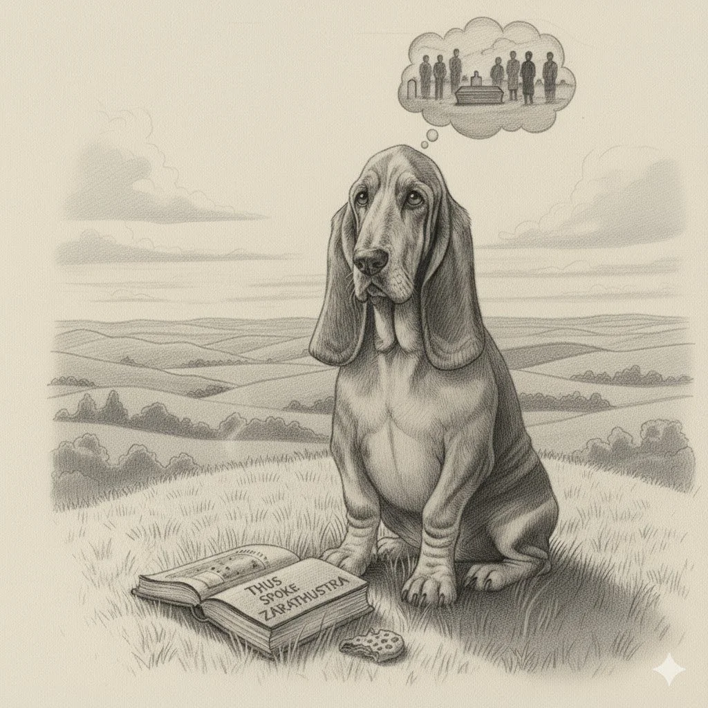 A drawing of a sad-looking dog sitting on grass with an open book and a cookie in front of it. The book says "Thus spoke Zarathustra" and the dog is thinking about a gathering of people.