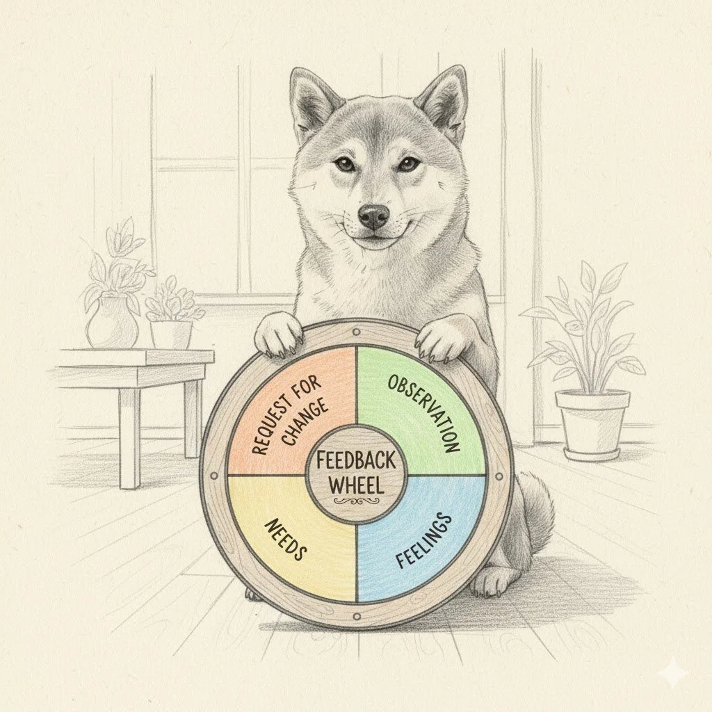 Drawing of a smiling dog holding a colorful feedback wheel labeled with sections: 'Observation,' 'Feelings,' 'Needs,' and 'Request for Change,' in a cozy room with plants and window in the background.