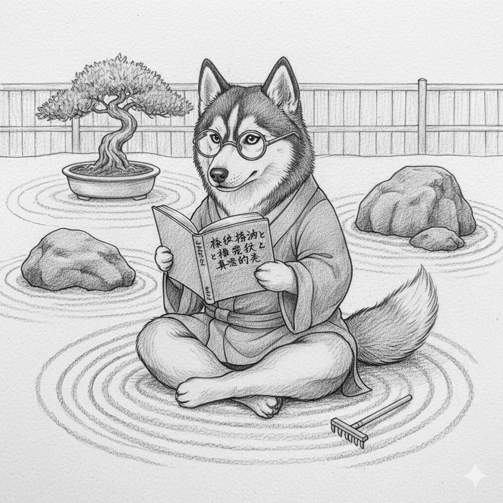 A detailed black and white drawing of a dog with glasses sitting cross-legged in a Japanese-inspired Zen garden, holding a book, with a bonsai tree, rocks, and a rake in the background.