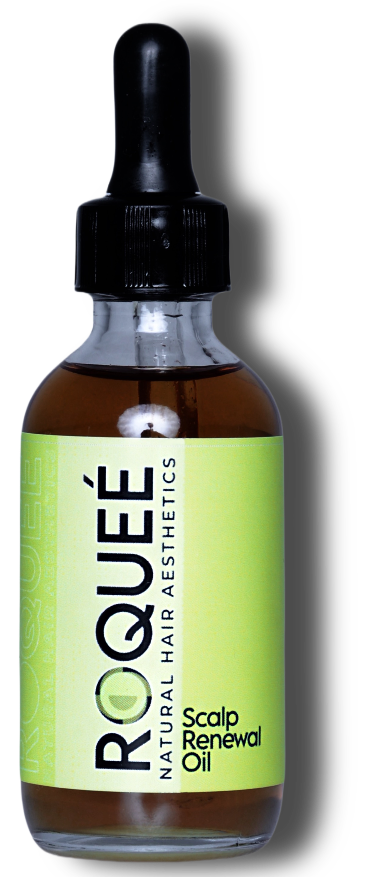 A brown glass dropper bottle labeled 'ROCQUÉ' with a yellow-green label, containing scalp renewal oil, with a black dropper cap, set against a black background.