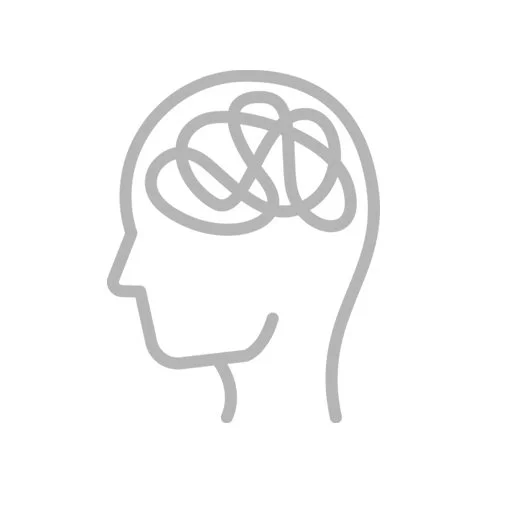 Line drawing of a human head with a tangled line inside representing a confused or troubled mind.
