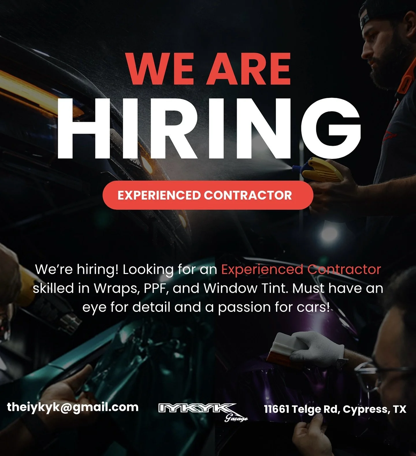 We&rsquo;re Hiring‼️Looking for an Experienced Contractor skilled in Wraps, PPF, and Window Tint. Must have an eye for detail and a passion for cars! Email us at theiykyk@gmail.com 

#iykykgarage #carwrap #carwrapper #windowtint #windowtinting #windo
