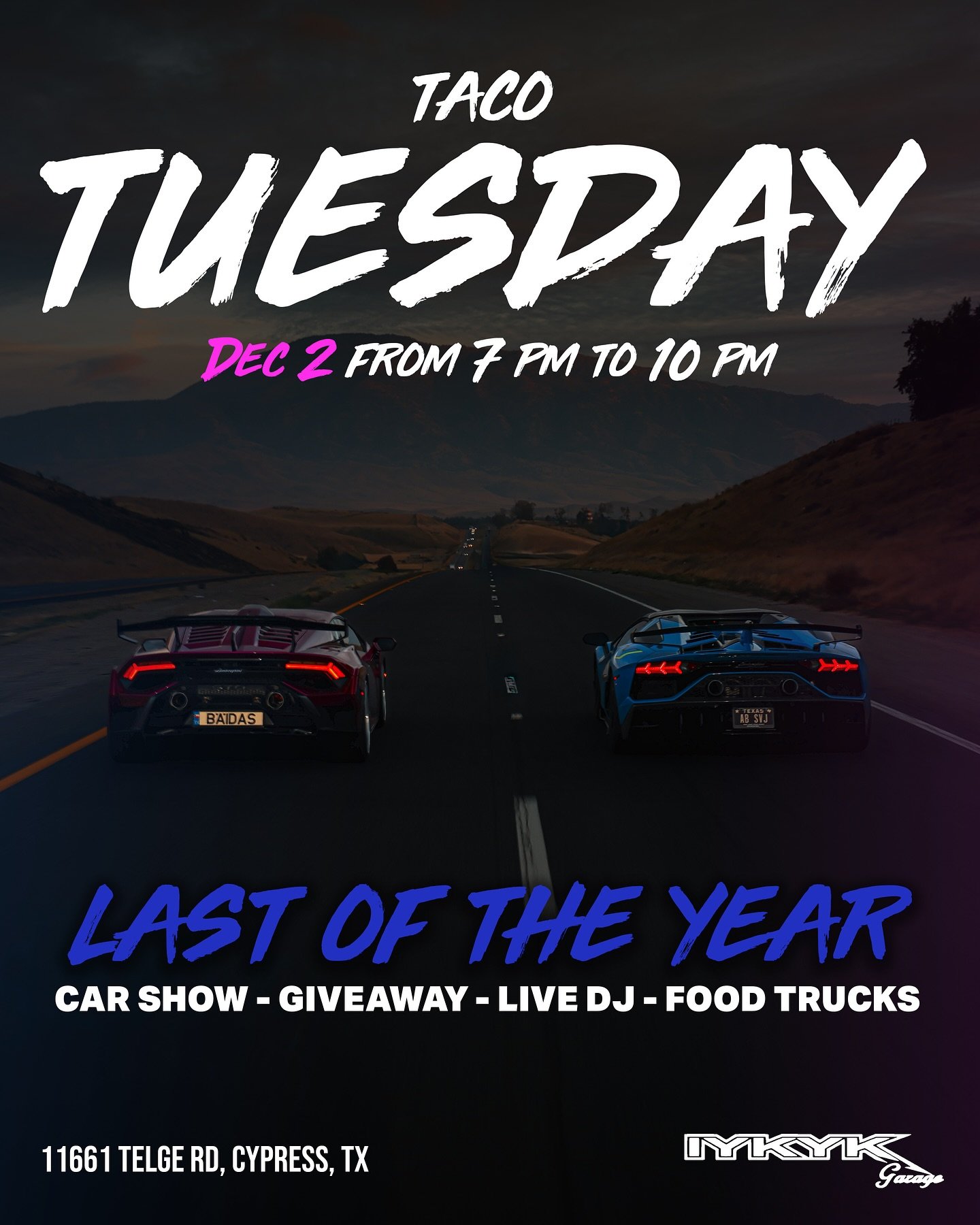 HOUSTON WE&rsquo;RE BACK!! 😈 Join us for one LAST Taco Tuesday car show of the year! December 2nd, from 7PM - 10PM. Get ready because this one&rsquo;s going to be WILD! 

Tag your friends, you don&rsquo;t want to miss this one ‼️

(For Reserved up f