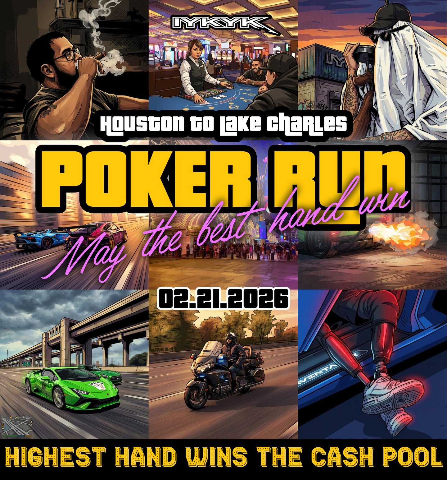 ITS TIME!! 50 Cars, 5 Stops, all the way from Houston to Lake Charles. Collect a card at every stop, highest hand WINS THE CASH POOL💸 Join us February 21st for an unforgettable experience. TICKETS IN OUR BIO &spades;️&hearts;️&clubs;️&diams;️

#poke