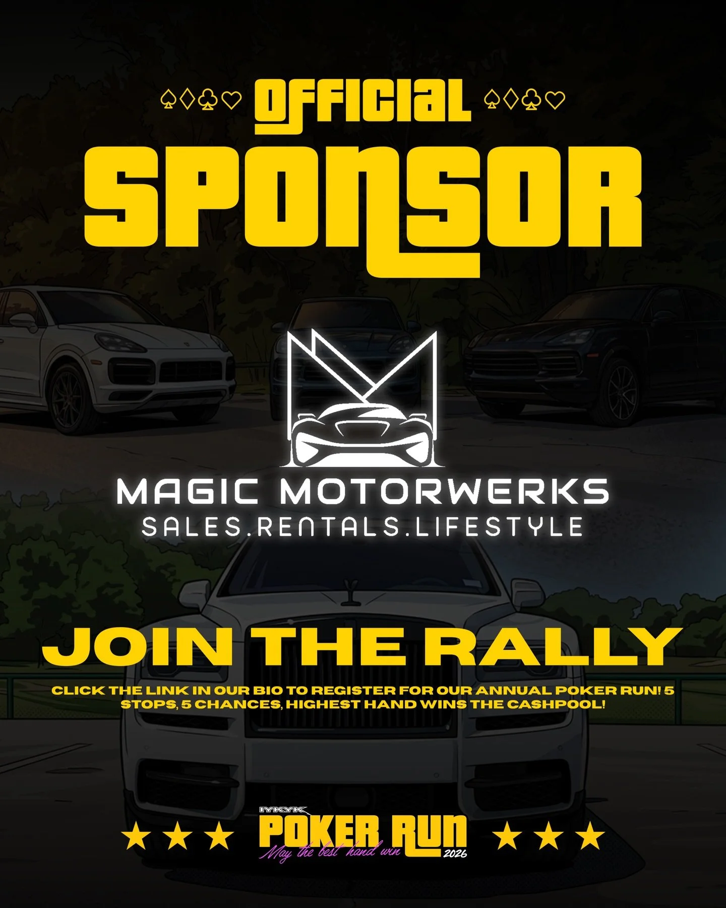 Welcoming @magicmotorwerks as an official Silver Sponsor for our Poker Run coming up! If you&rsquo;re in need of a luxury vehicle, give them a should! From short term to long term, they have the craziest fleet with the best prices 💪🏼💥

#houstoncar
