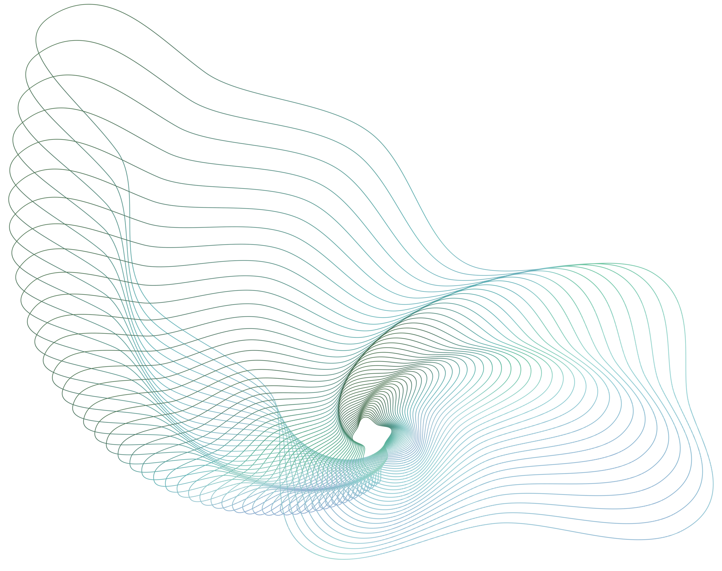 Abstract digital artwork with swirling layered geometric shapes in green and blue tones.