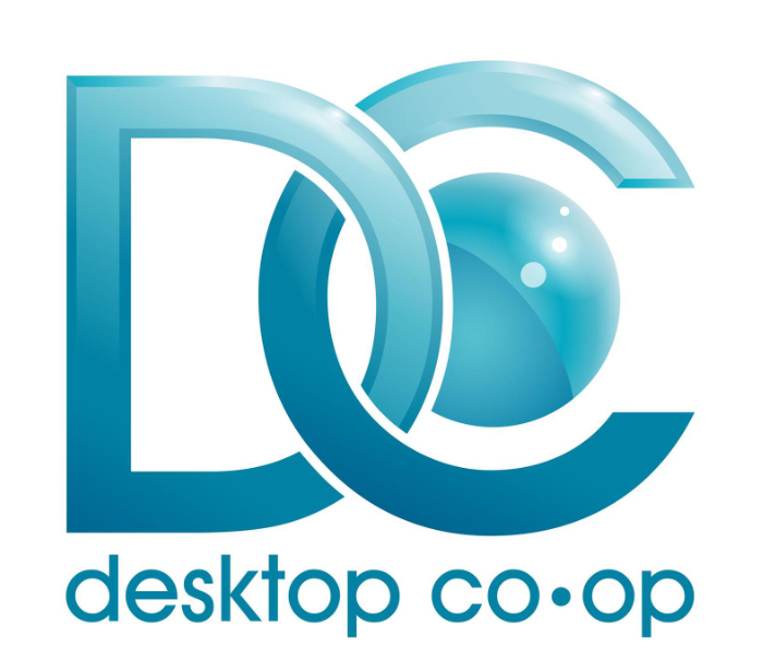 Logo for Desktop Co-Op with stylized interconnected letters D and C and a globe-like sphere.