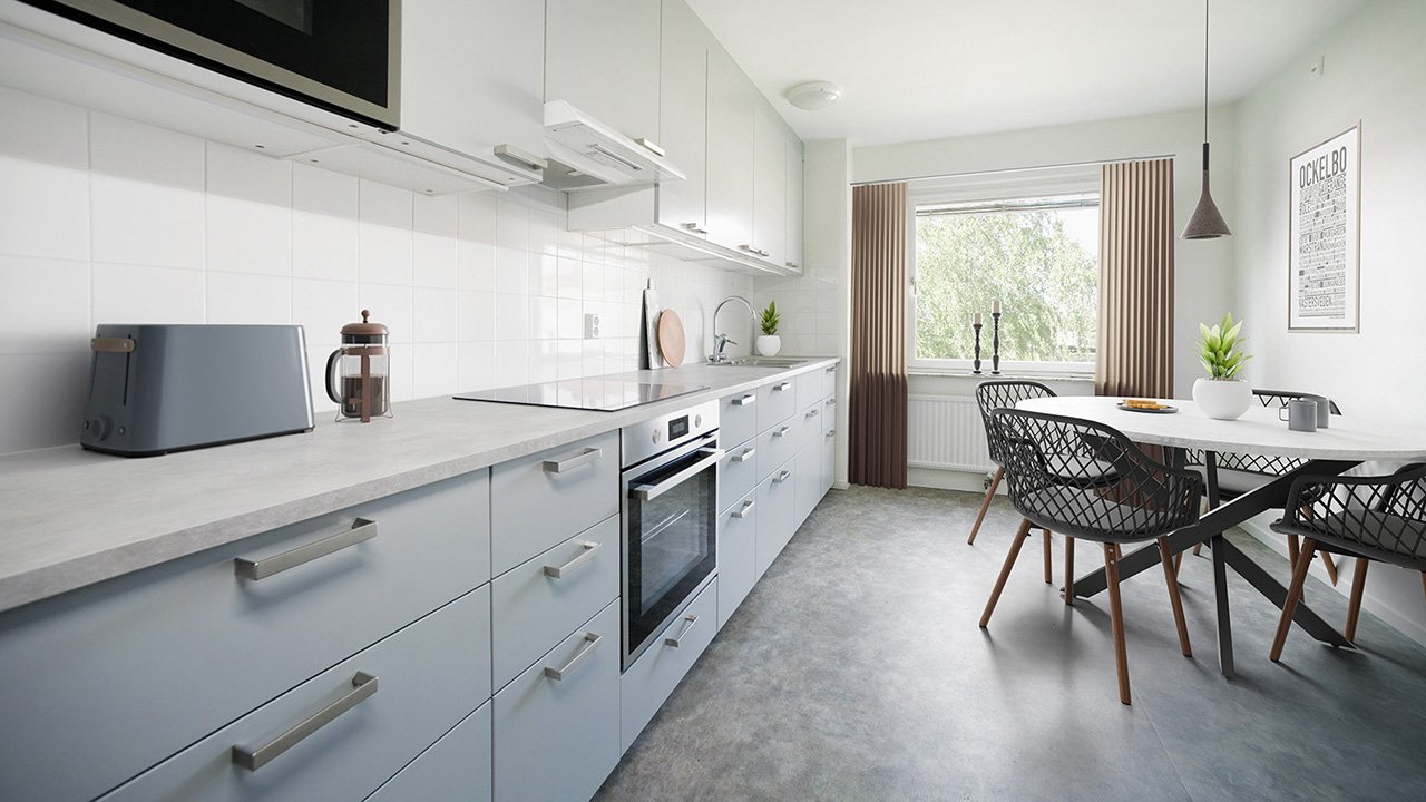 Virtual Staging of kitchens at Ockelbogårdar - digital interior design and 3D visualization for residential rental