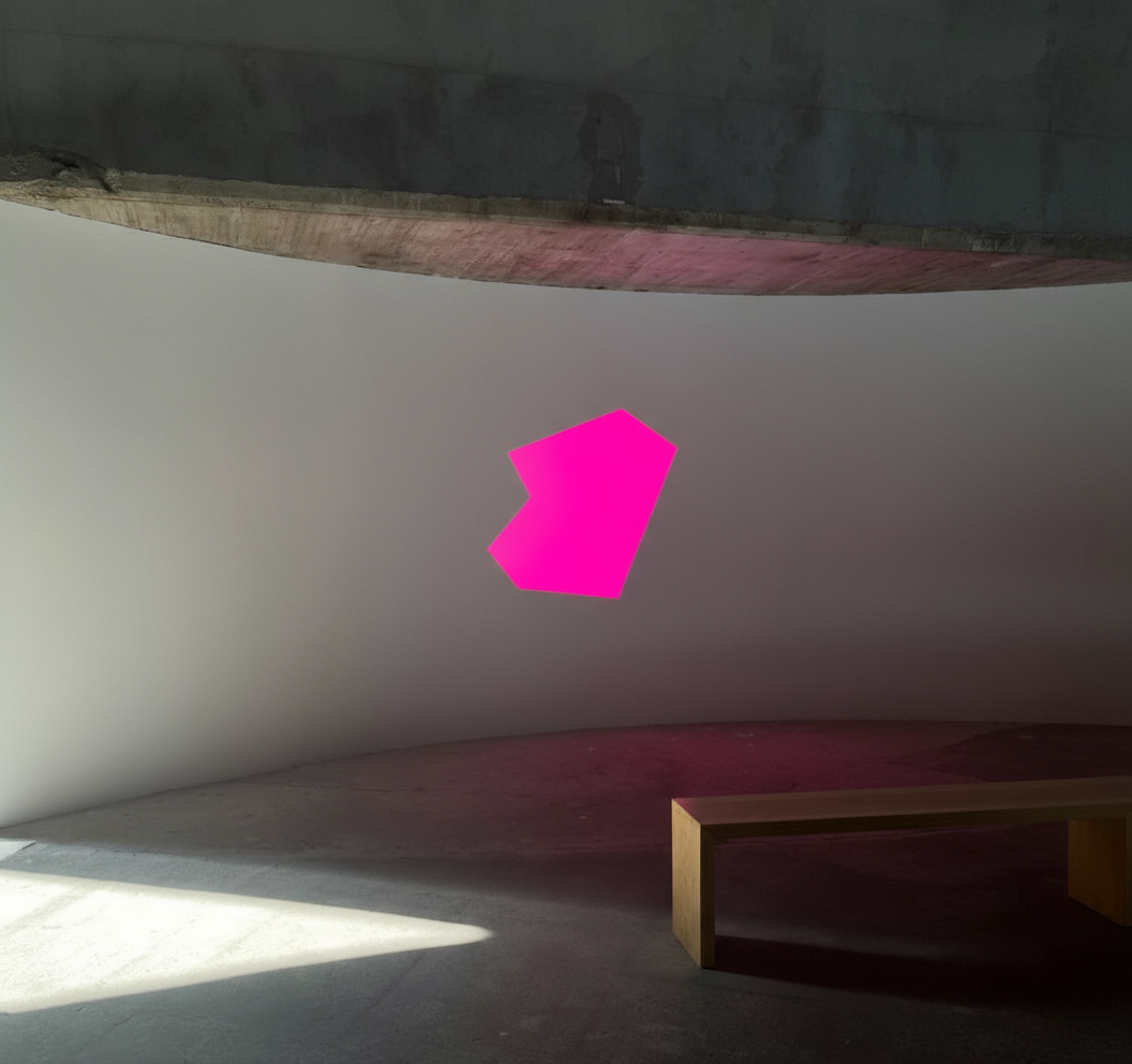 Das Logo vom Aufbruch Salzkammergut, im Hintergrund eine leere Wand und eine Sitzecke, inszeniert vom Studio für Branding Doppelpaula.