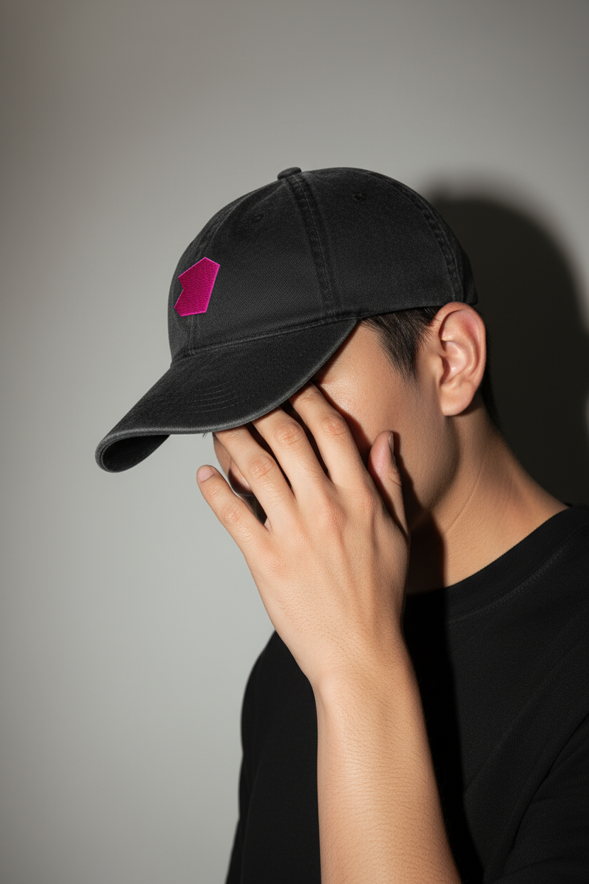 Jemand post mit der Merch-Kappe vom Aufbruch Salzkammergut, ähllt sich aber die Hand vors Gesicht, inszeniert vom Studio für Branding Doppelpaula.