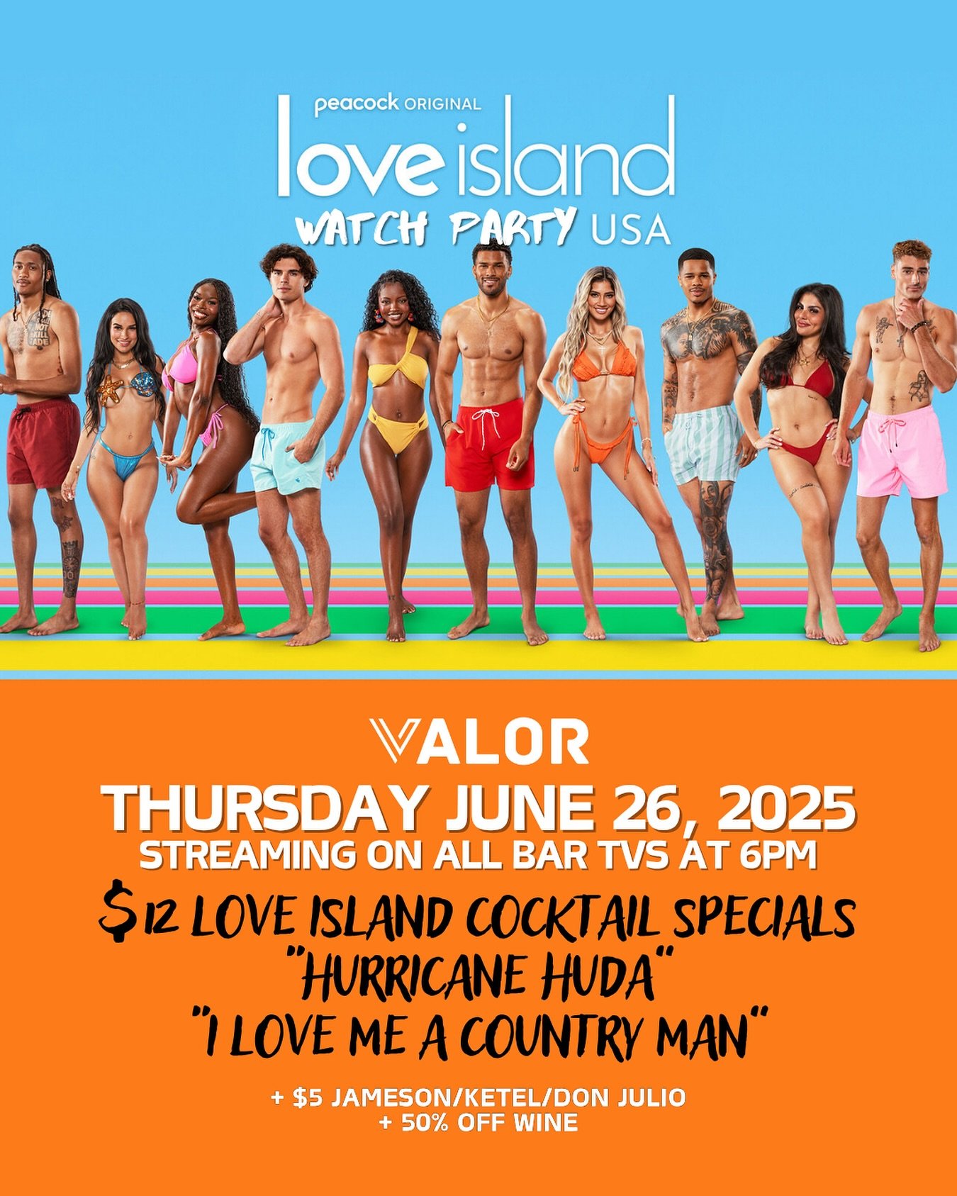A new bombshell has entered the villa&hellip;VALOR 🔥
Come watch the new episode tonight at 6pm and enjoy the &ldquo;Hurricane Huda&rdquo; and &ldquo;I Love a Country Man&rdquo; cocktails + drink specials 🍸🥂