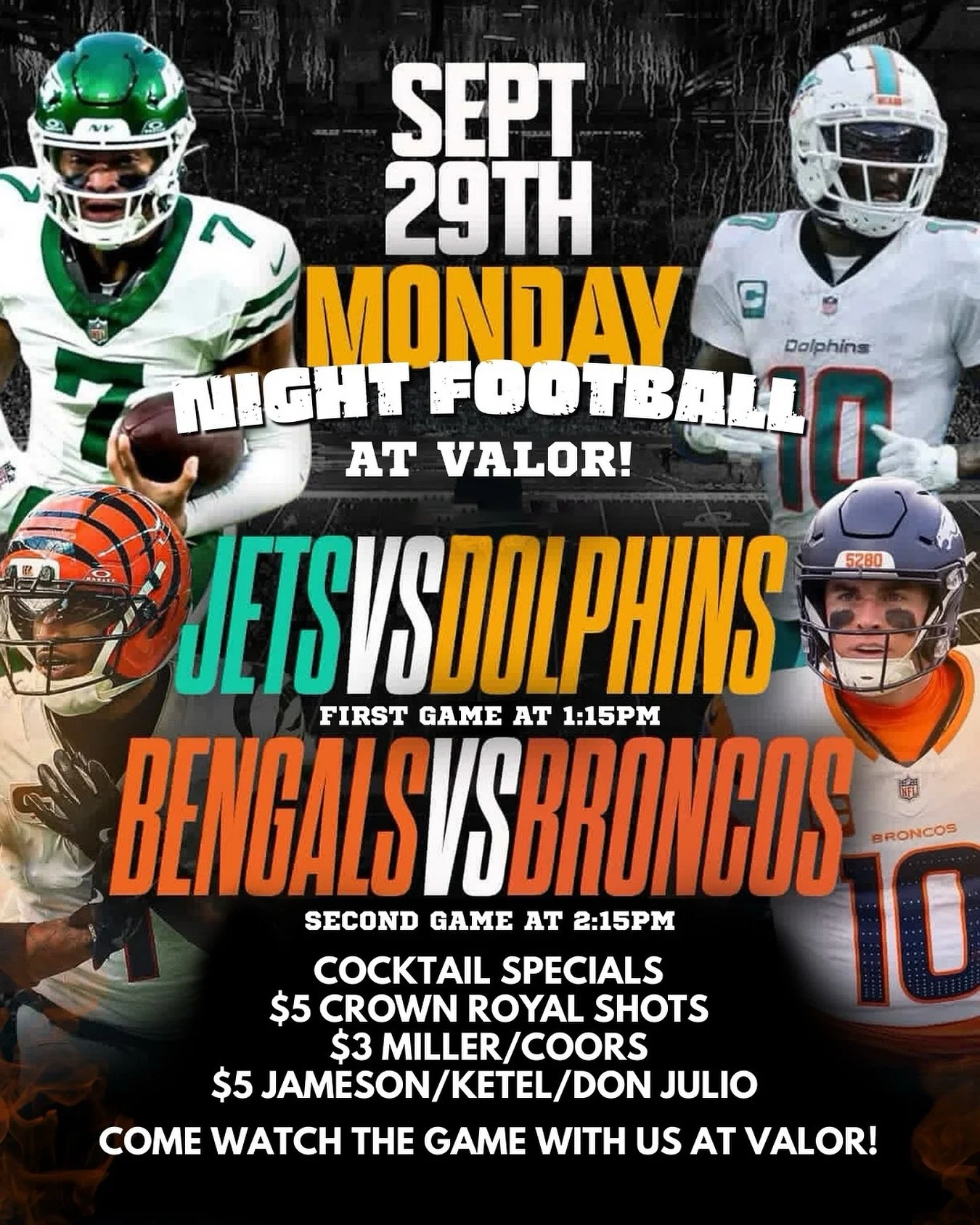 Double Header today! 🏈🏈

Drink Specials:
	&bull;	Fresh new cocktails
	&bull;	Bloody Marys &amp; Screwdrivers
	&bull;	$3 Miller / Coors
	&bull;	$5 Crown Royal / Jameson / Ketel / Don Julio

📍 Join us at VALOR for football, drinks, and good vibes.