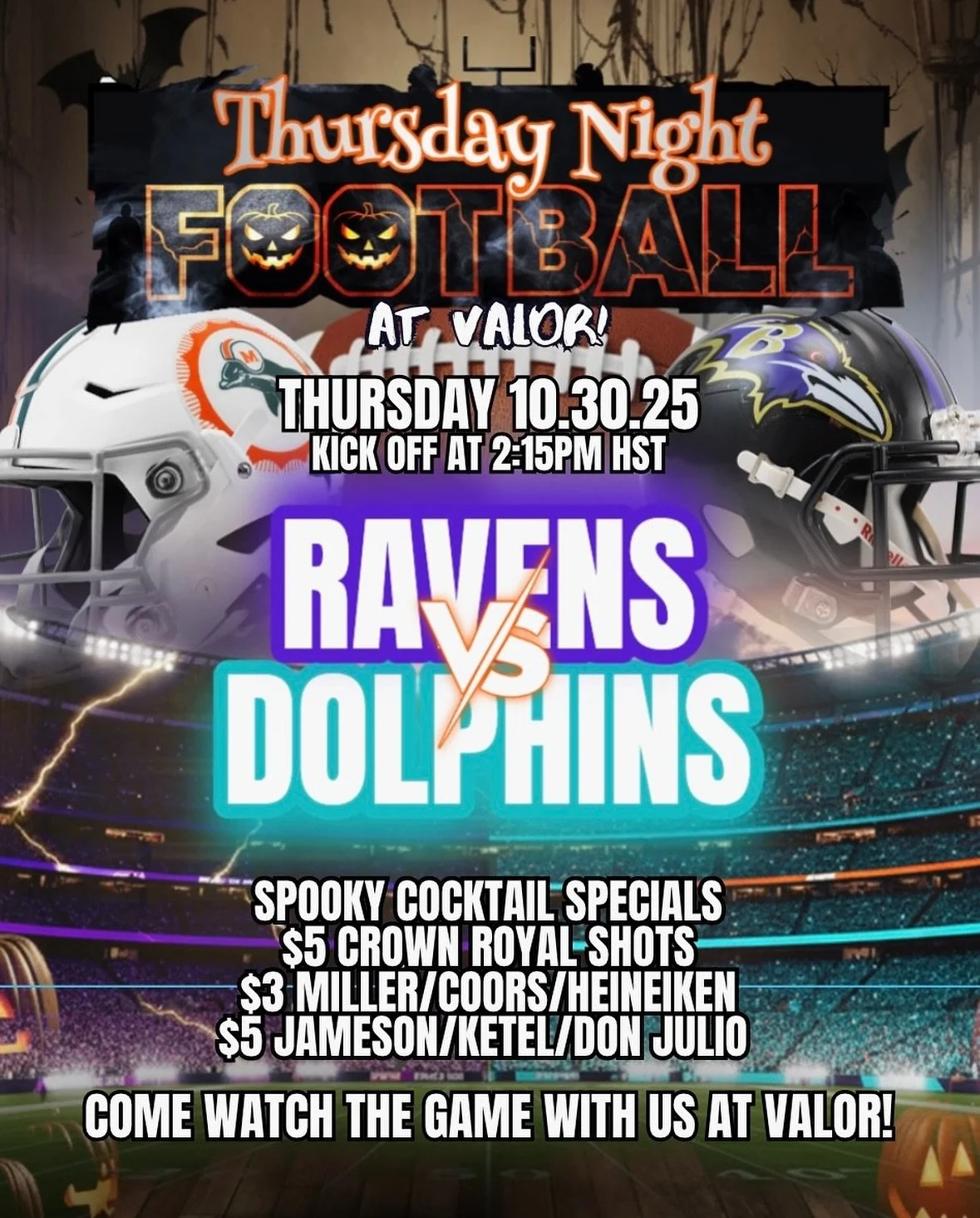 2:15pm kick off! 
Ravens vs Dolphins 🏈
Try our spooky specials!!

Drink Specials:
	&bull;	Fresh new cocktails
	&bull;	Bloody Marys &amp; Screwdrivers
	&bull;	$3 Miller / Coors / Heineken
	&bull;	$5 Crown Royal / Jameson / Ketel / Don Julio

📍 Join 