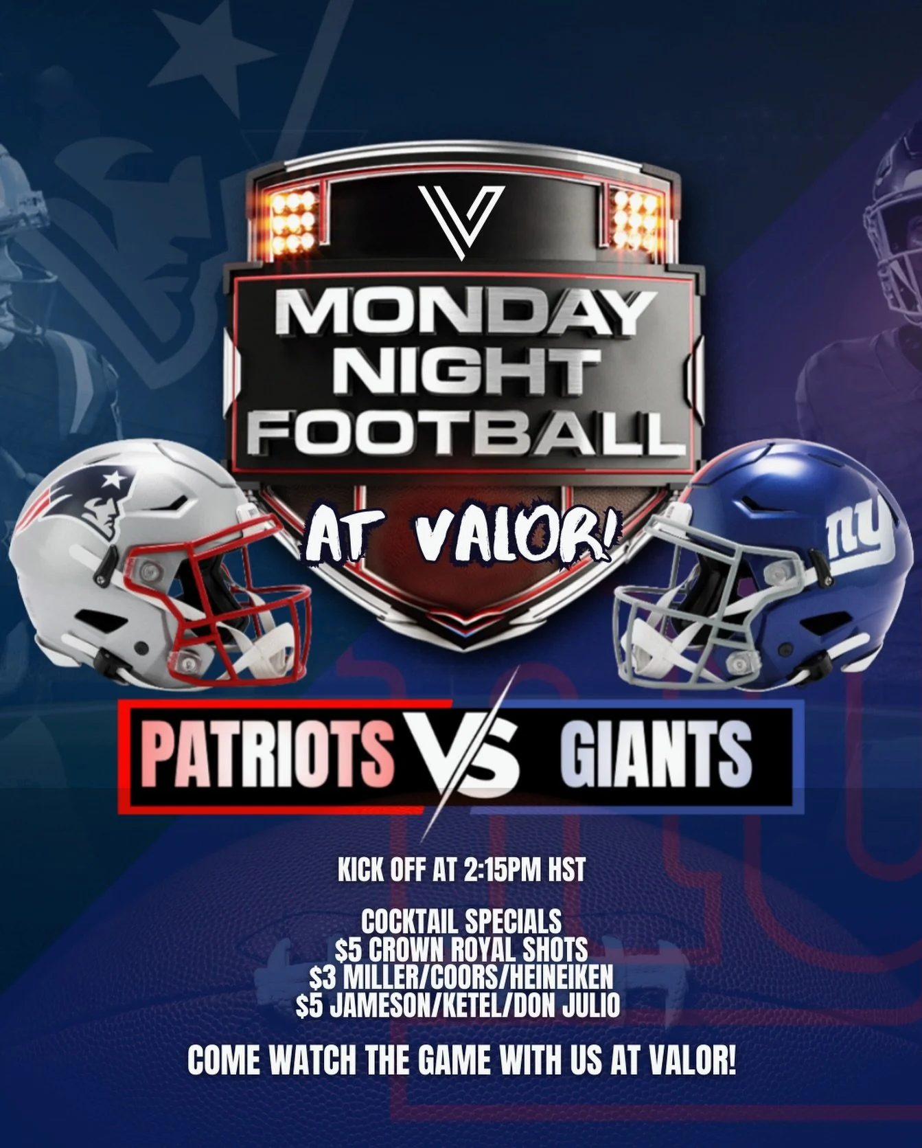 Happy December! Come to Valor and kick off December with Monday Night Football and cocktail/drink specials 🍻🍷🍸