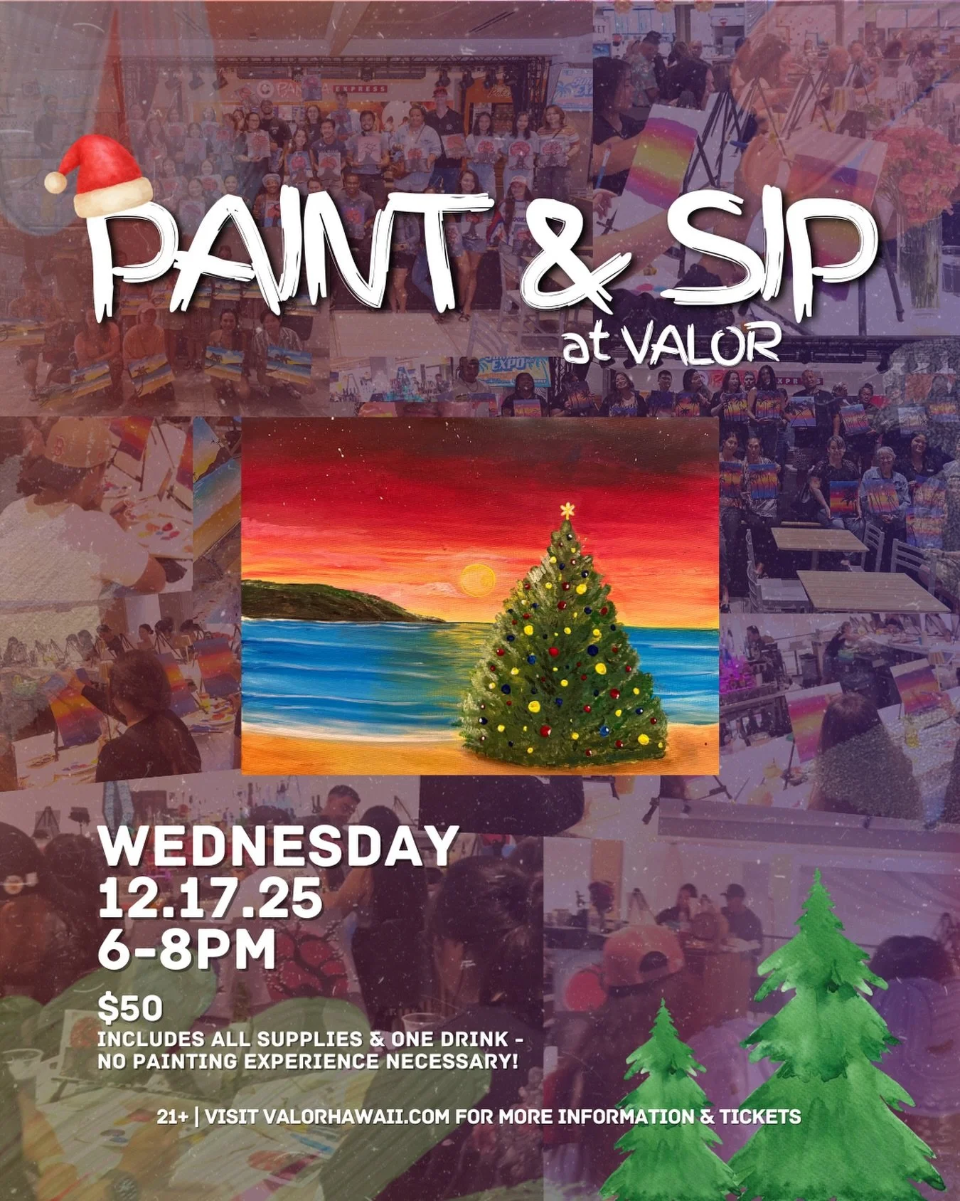 Paint &amp; Sip with @paintparty808 🖌️🍷
Thanks for joining us last month - it was such a good time. This month, we&rsquo;ll be doing a holiday themed painting. 

Get your tickets at valorhawaii.com
- includes a drink and all painting supplies