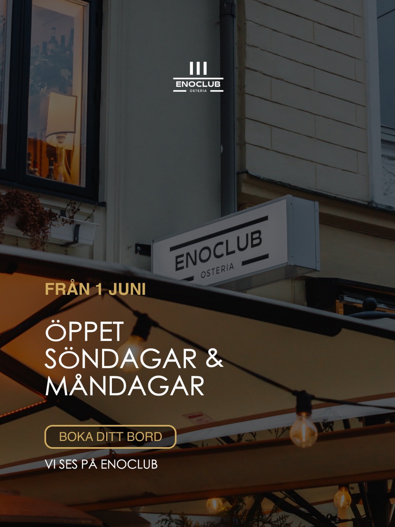 Fr&aring;n 1 juni har vi &ouml;ppet &auml;ven s&ouml;ndagar &amp; m&aring;ndagar ✨

Fler dagar att samlas kring italienska smaker, goda drinkar och Enoclub-atmosf&auml;ren ni &auml;lskar 🍷

Vi ses p&aring; Enoclub.

#malm&ouml; #italiensk #fooditaly
